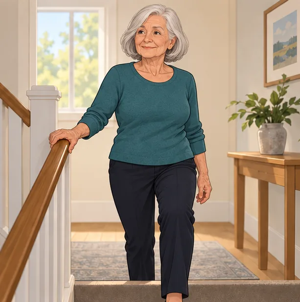 Illustrazione: la signora in cima alle scale, sorridente