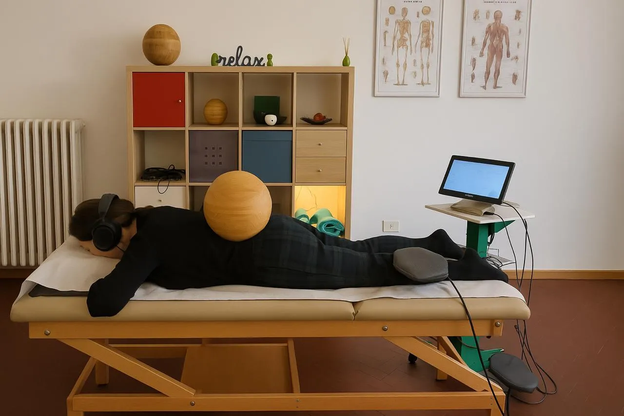 Paziente distesa con la Sfera Emozionale in legno appoggiata sulla schiena e le cuffie HBE